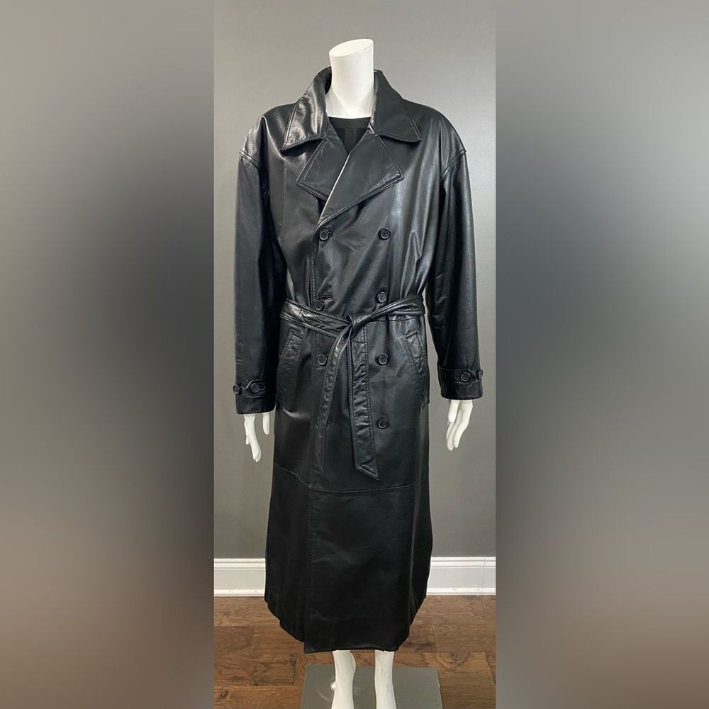 Wilson’s Blk Leather Double Breasted Belted Button Up Full Length Trench Coat M - Picture 3 of 14